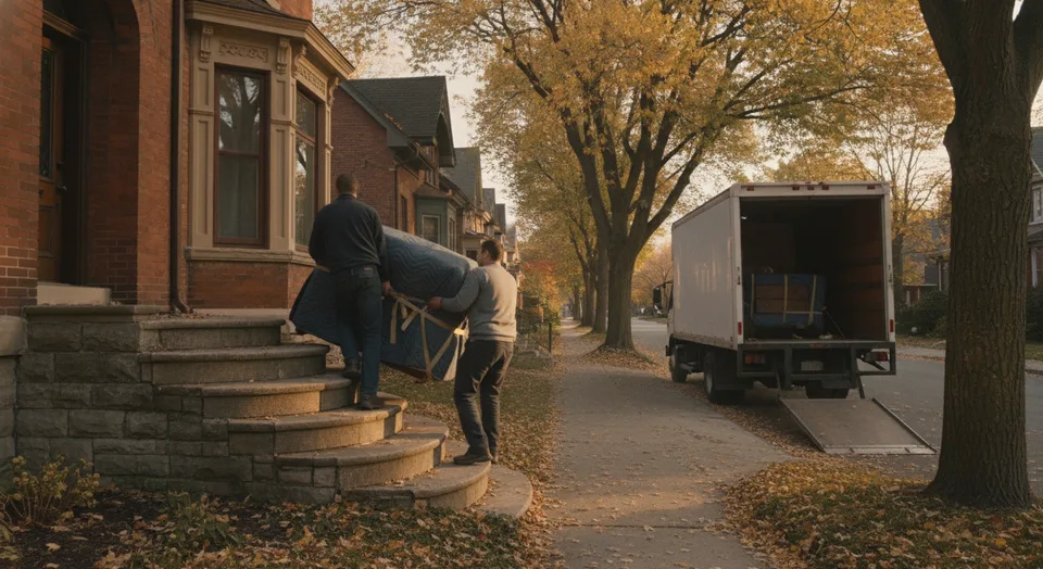 Moving crew carrying a wrapped dresser down the stone front steps of a century brick house in Galt, Cambridge, Ontario